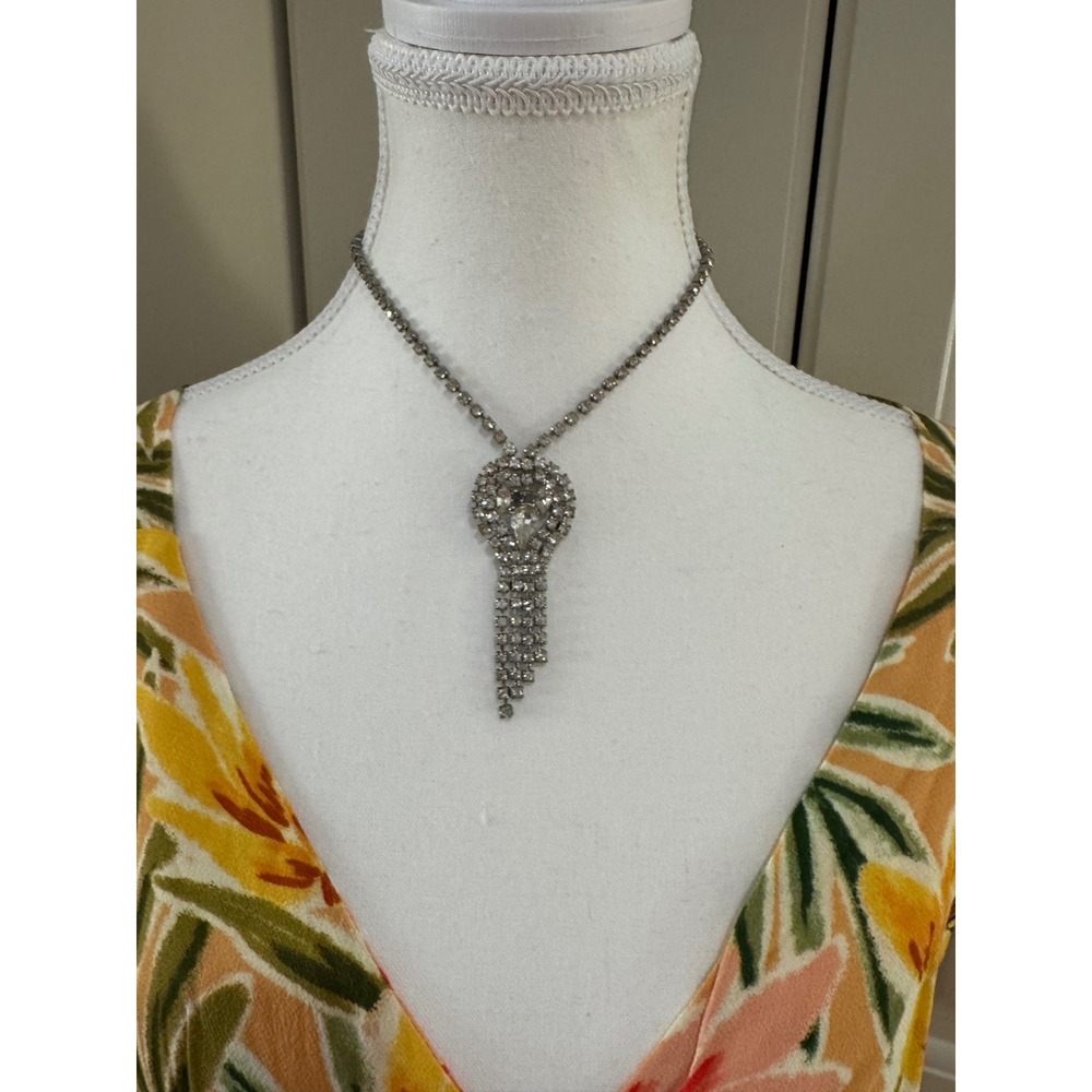 Vintage Rhinestone Statement Necklace Silver Tone Dangle Crystal‎ Cocktail Party